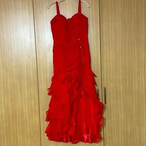 Red Jovani prom dress/ evening gown with ruffles and slit